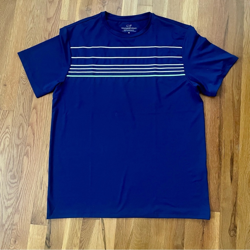 Vineyard Vines Performance Shirt M Blue Green White Stripe Short Sleeve Athletic